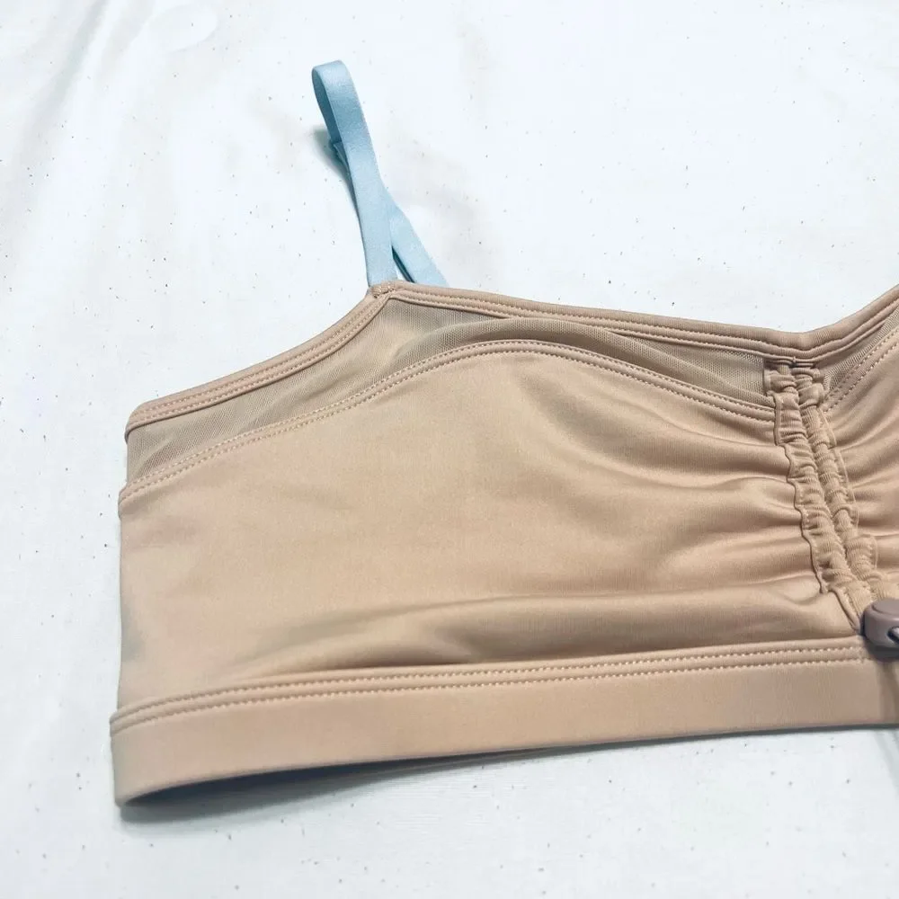 Fabletics Makayla Bra Low Impact Cinch Front Tan With Blue Straps Size L NWT